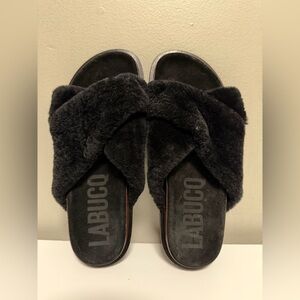 LABUCQ MO Slides Sandal Women's EU 40 US 9 Leather Black Genuine Shearling Italy
